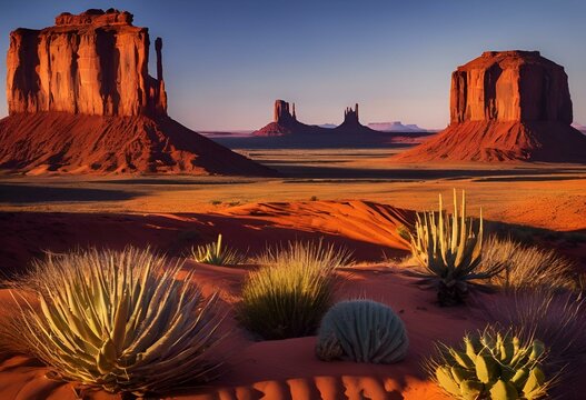 desert with cactus plants and buttes in the distance at sunset