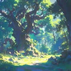 A captivating forest scene with ancient trees, inviting a sense of tranquility and magic.