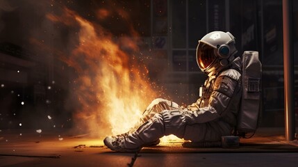 AI generated illustration of an astronaut on fire - obrazy, fototapety, plakaty