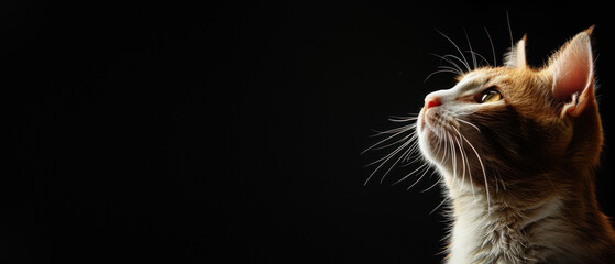 A sharply focused profile shot of an orange tabby cat looking upward against a black background highlighting its curiosity