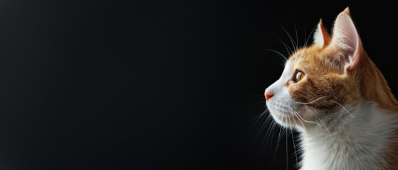 A high-quality image capturing a thoughtful orange and white cat gazing to the side with space for text on the black backdrop