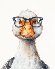 Watercolor of a cute duck wearing glasses, scholarly look, soft feathers, on white background