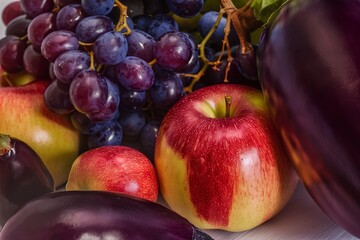 close view apples grapes eggplant