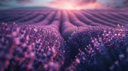 purple flowers in a lavender field with sunset and clouds above - obrazy, fototapety, plakaty