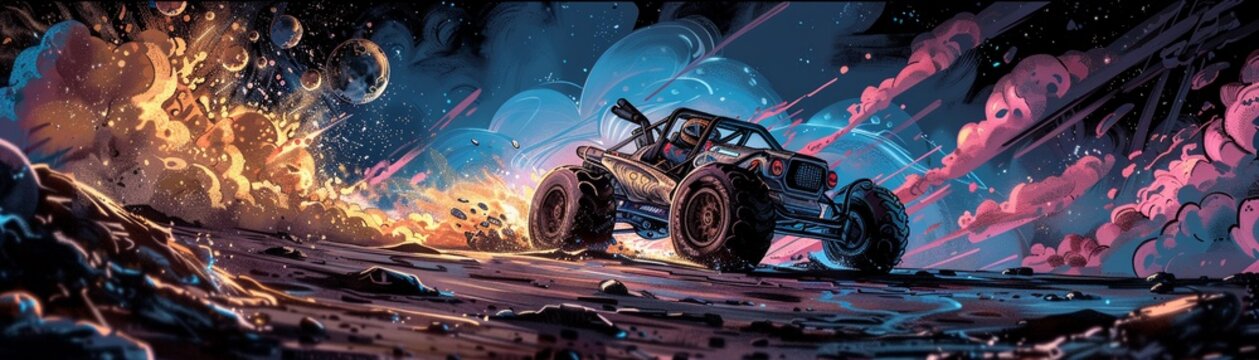 Moon buggy racing across a crater, leaving a trail of gold dust, speed of market changes