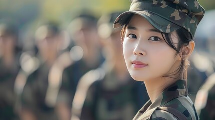 Young Woman in Military Uniform with Golden Accents and Cap - obrazy, fototapety, plakaty
