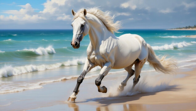 A white horse runs on a sandy beach