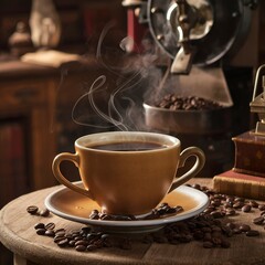 Fototapeta premium Hot coffee cup and coffee beans roasting on the wooden table