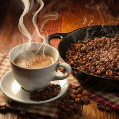 Hot coffee cup and coffee beans roasting on the wooden table