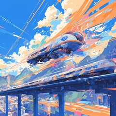 Vivid Anime Train Artwork with Futuristic City Skyline