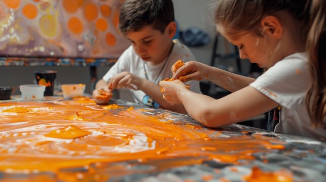 two kids playing with paint at a table in front of a wall
