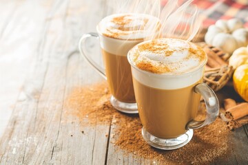 Obraz premium Pumpkin spice latte in tall mugs with cinnamon, nutmeg and cardamom