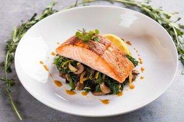 Salmon fillet served with sauteed greens and mushrooms, gourmet plating