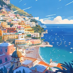 Bask in the idyllic charm of Positano's pastel-hued houses reflected on its azure waters. - obrazy, fototapety, plakaty