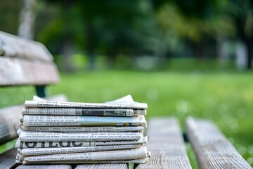 Pile of newspapers on a rustic wooden bench, AI-generated. - obrazy, fototapety, plakaty