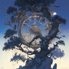 Spellbinding Clock-Tree Hybrid Embraced by Wildlife - A Tale of Time and Nature's Harmony