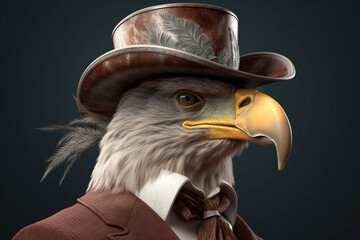 Gentleman, boss bald eagle in hat, suit and tie. Banner header. AI generated.