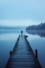 AI-generated illustration of a solitary figure standing at the end of a jetty looking at a lake