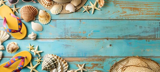 AI-generated illustration of a turquoise wooden surface with seashells and beach accessories