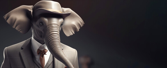 Gentleman boss elephant with a trunk and big ears wearing a hat, suit and tie. Banner header. AI generated.