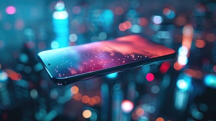A sleek, futuristic smartphone hovering in mid-air, emitting a soft glow from its screen against a backdrop of city lights at night.