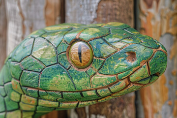 AI-generated illustration of a green wooden snake sculpture