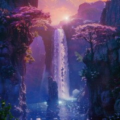 AI generated illustration of a sunset waterfall cascading through rocks