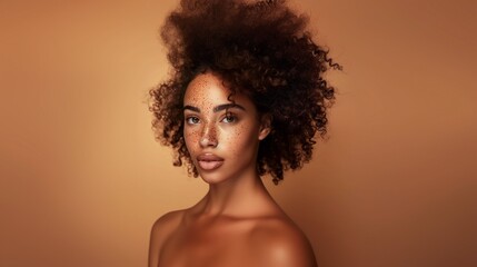 AI generated illustration of a beautiful, young woman with freckles and curly hair - obrazy, fototapety, plakaty