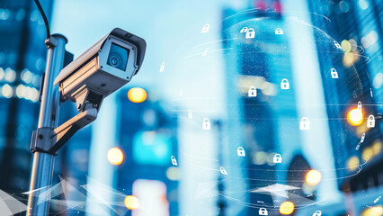 City security system concept with a camera and protective data encryption visualized 