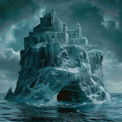 AI generated illustration of an ice castle on a rocky beach in the ocean