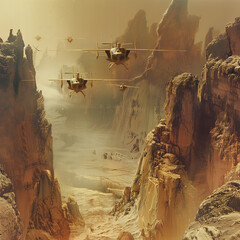 AI generated illustration of helicopters in a desolate canyon landscape - obrazy, fototapety, plakaty