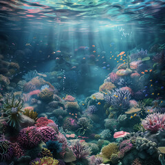 Fototapeta na wymiar AI generated illustration of a vibrant coral reef teeming with fish under bright sunlight