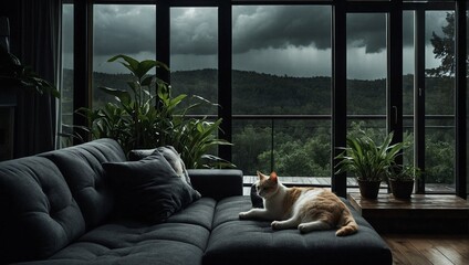 Modern interior with floor-to-ceiling windows showcasing a panoramic view of dark storm clouds. Calm cat lounges comfortably in the room