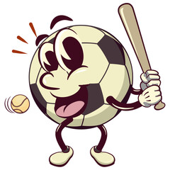 football soccer ball cartoon vector isolated clip art illustration mascot ready to hit with a baseball bat, vector work of hand drawn