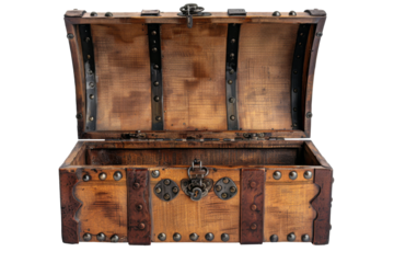 Old wooden Treasure Chest with golden and coin inside isolated on background, old wooden box for fantasy adventure.