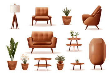 Fototapeta premium Collection of brown modern furniture including plants on white background