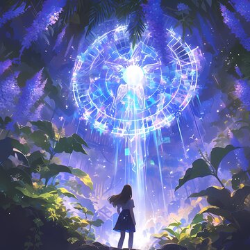 A Visionary Concept Art Depicting a Young Explorer Encountering an Otherworldly Technological Waterfall in a Mythical Forest Setting