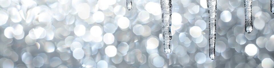 A shimmering icicle ornament dangling elegantly against a frosty silver background.  - obrazy, fototapety, plakaty