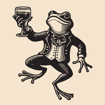  A cheerful dancing frog with a glass of alcoholic drink wine in his hand. in a tailcoat. Vintage retro illustration, emblem logo. Black and white