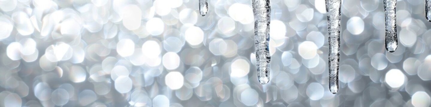 A shimmering icicle ornament dangling elegantly against a frosty silver background. 