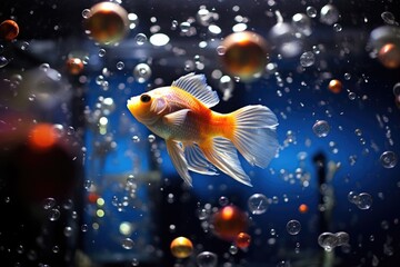 Fish swimming amidst floating illuminated bubbles in an aquarium.