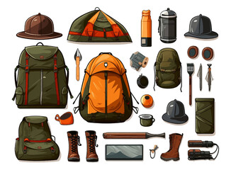 Set collection of camping and outdoor adventure emblems, symbol and icon badges. Camp tent in forest or mountains or traveling. Camping equipment hand drawn illustration. - obrazy, fototapety, plakaty