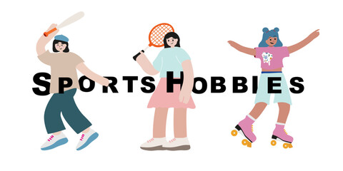 Set of cartoon sports girls characters, flat vector sport hobbies illustrations, badminton, rollerblading, sports equipment icons