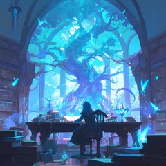 An otherworldly scene of a mystical faery library filled with enchanting blue and green hues. The explorer sits amidst towering shelves, surrounded by books and magical creatures. - obrazy, fototapety, plakaty