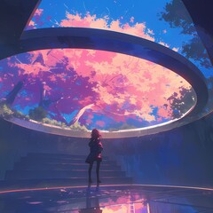 Ethereal Pink Sakura Blossoms Frame Silhouetted Figure Inside Modern Dome - An Architectural Tribute to Natural Beauty