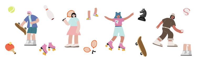 Set of cartoon characters doing sports, flat vector sport hobbies illustrations, football, rugby, badminton, rollerblading, chess, skateboarding, sports equipment icons