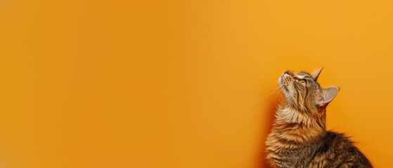 This image captures the essence of inquisitiveness as a tabby cat with vivid patterns looks upwards against an orange background