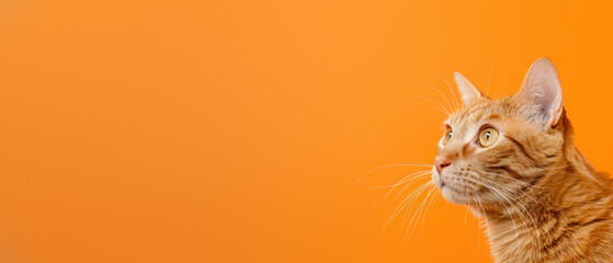 A ginger cat with rich amber eyes and thoughtful expression stands out against a complementary orange background