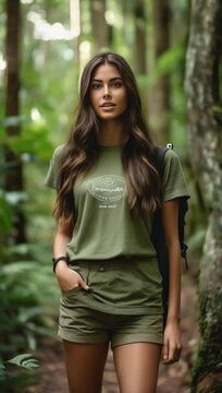 a young woman with long straight brown hair wearing a casual t-shirt 
