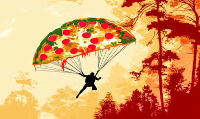 AI generated illustration of a man flying with a pizza parachute in hand